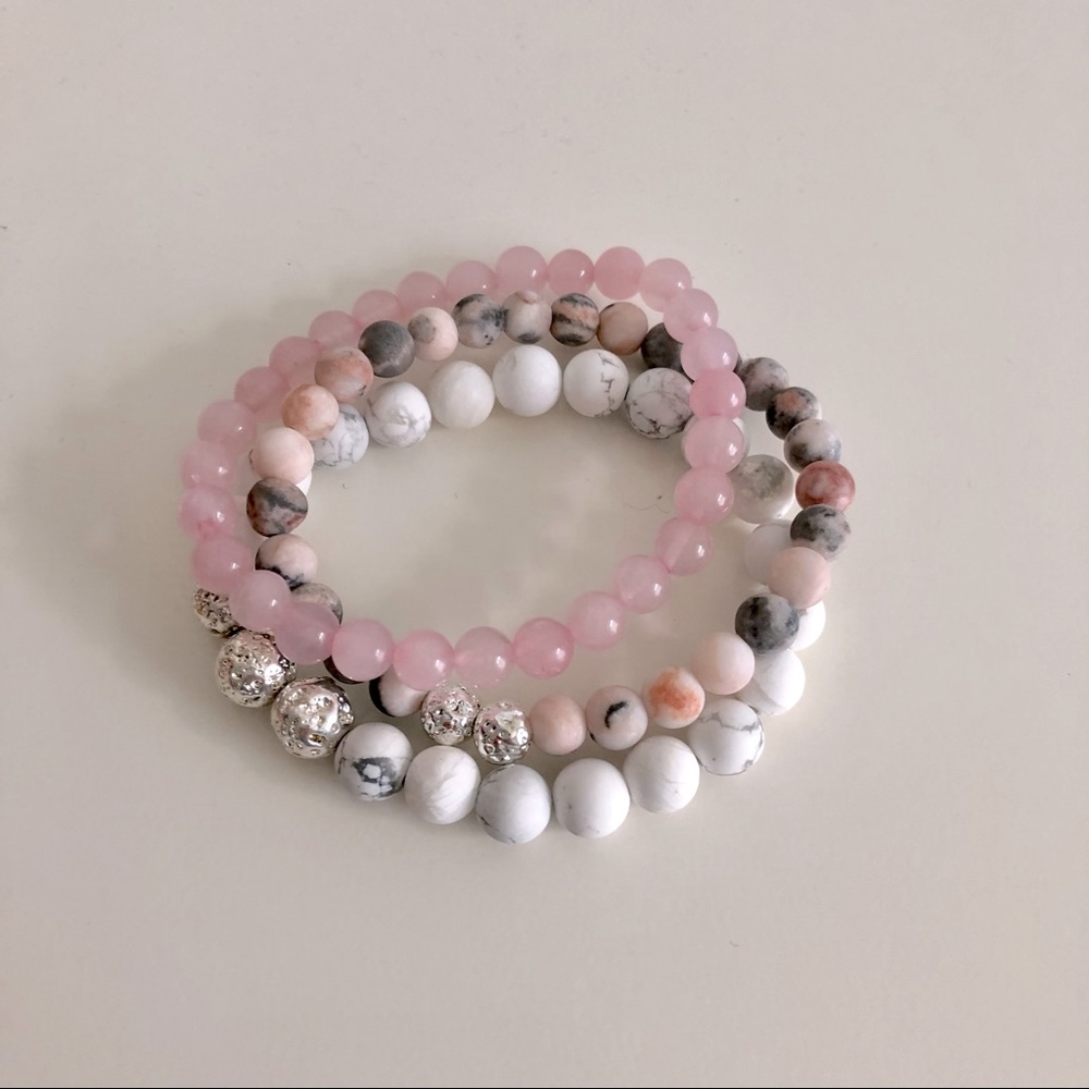 🌼 Rose Quartz, Jasper + Howlite bracelet set
